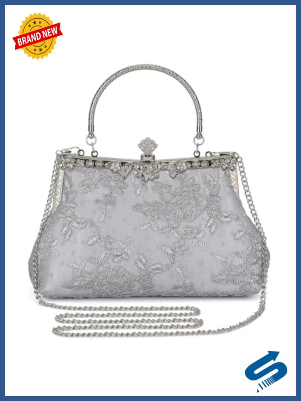 Floral Embroidered Clutch Evening Bag Top Handle Detachable Chain Wedding